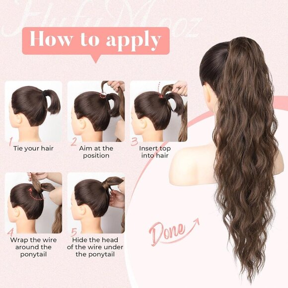 Long Wavy Curly Ponytail Hair Extensions Synthetic 32 Inch Brown Auburn main image 4